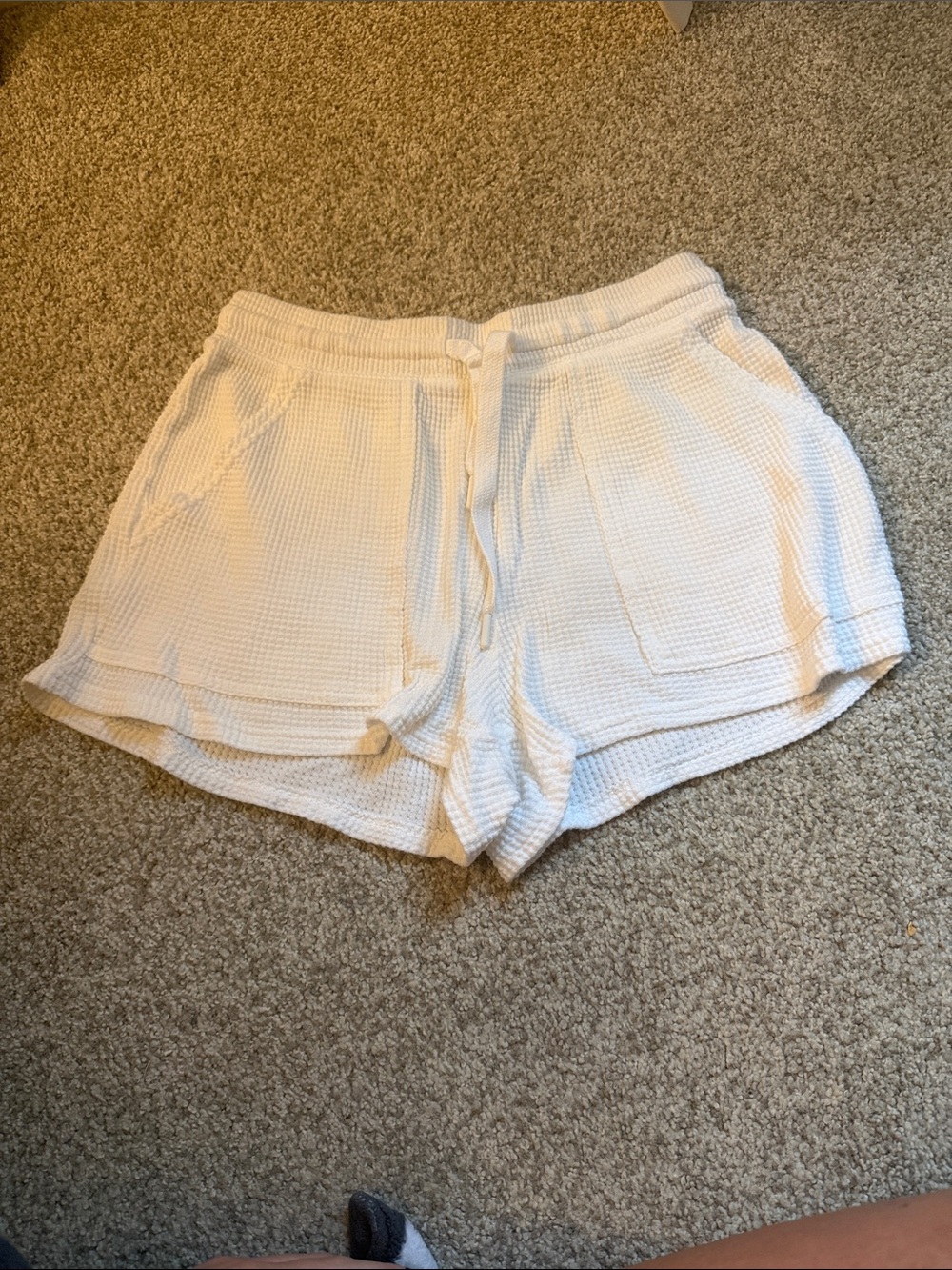 aerie White Waffle-Knit Drawstring Lounge Shorts